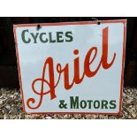 An Ariel Cycles & Motors hanging double sided enamel advertising sign, 20 x 18".