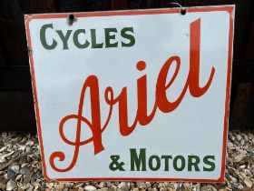 An Ariel Cycles & Motors hanging double sided enamel advertising sign, 20 x 18".