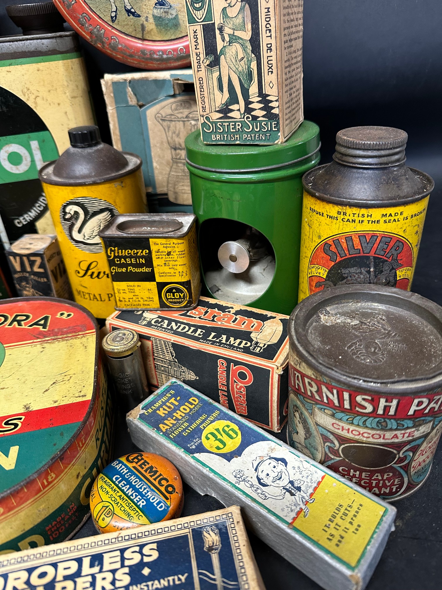 A large box of household products inc. Swan and other metal polishes, mops, Ever Ready torch, - Image 2 of 11