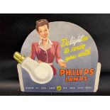 A Phillips Lamps pictorial diecut showcard depicting a lady 'delighted to serve you', 21 x 18 1/2".