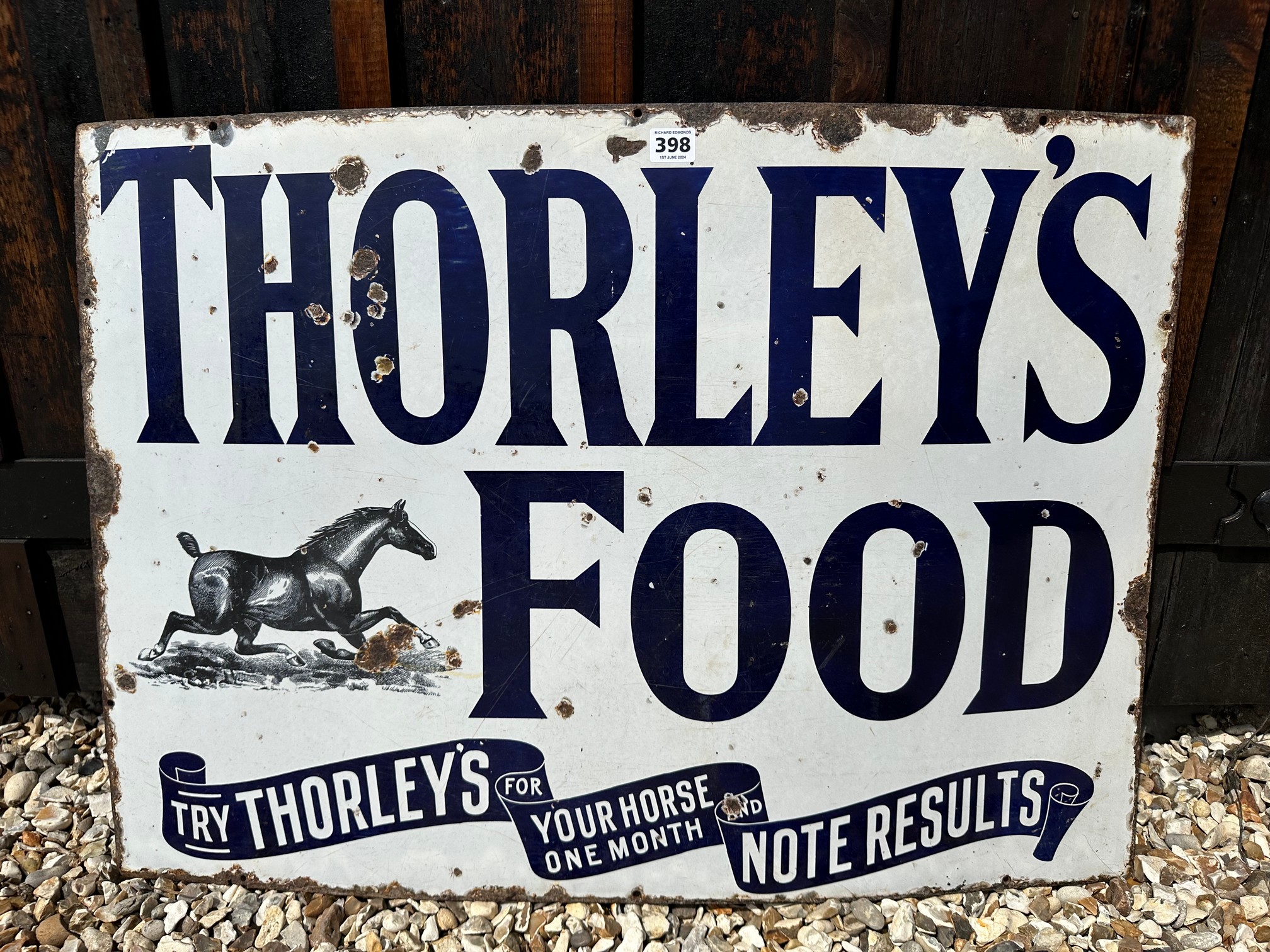 A Thorley's Food (for horse food) enamel advertising sign, 32 x 23".