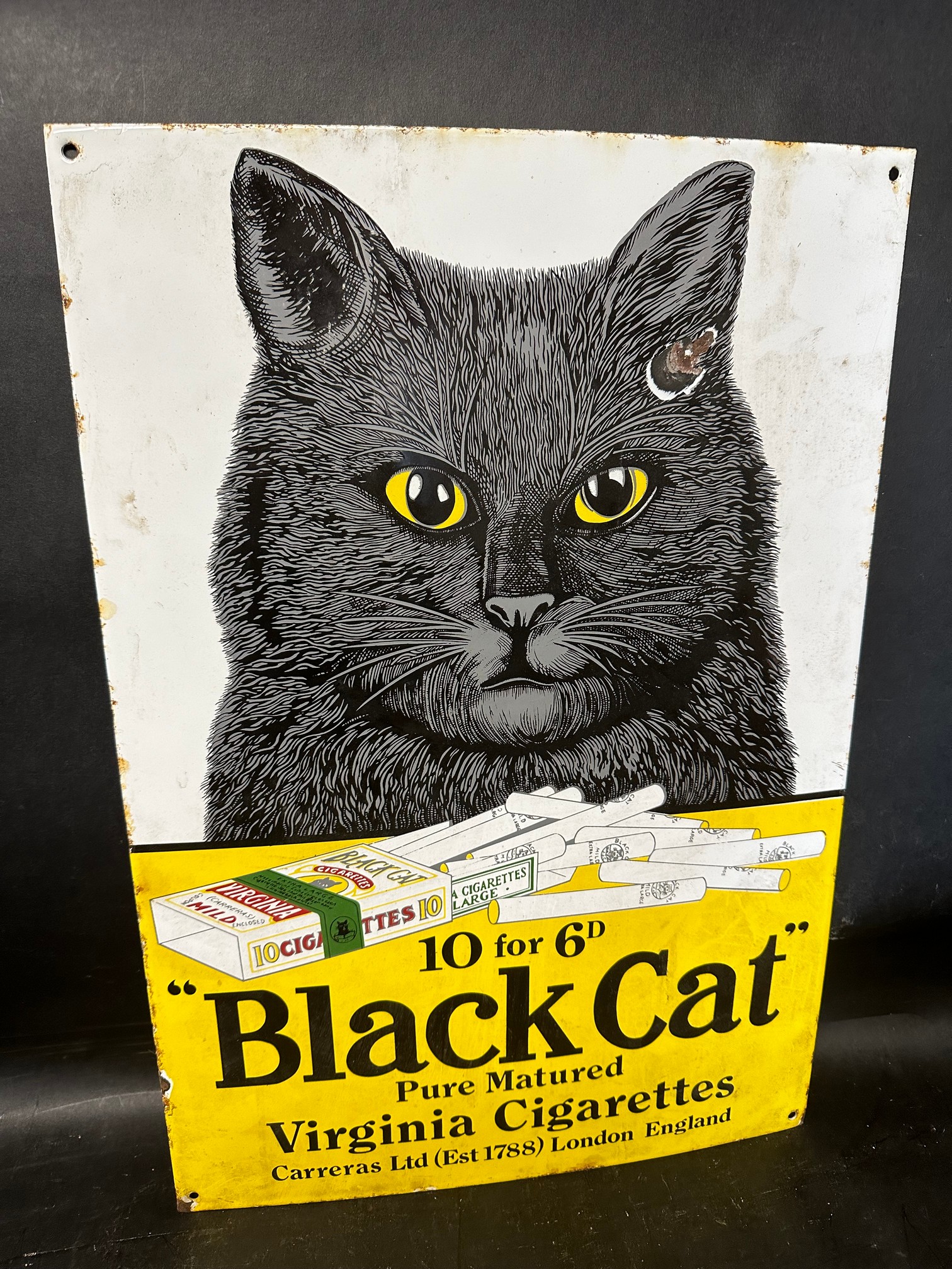 A Garnier small reproduction enamel advertising sign for Carreras Ltd. Black Cat Cigarettes, 13 3/