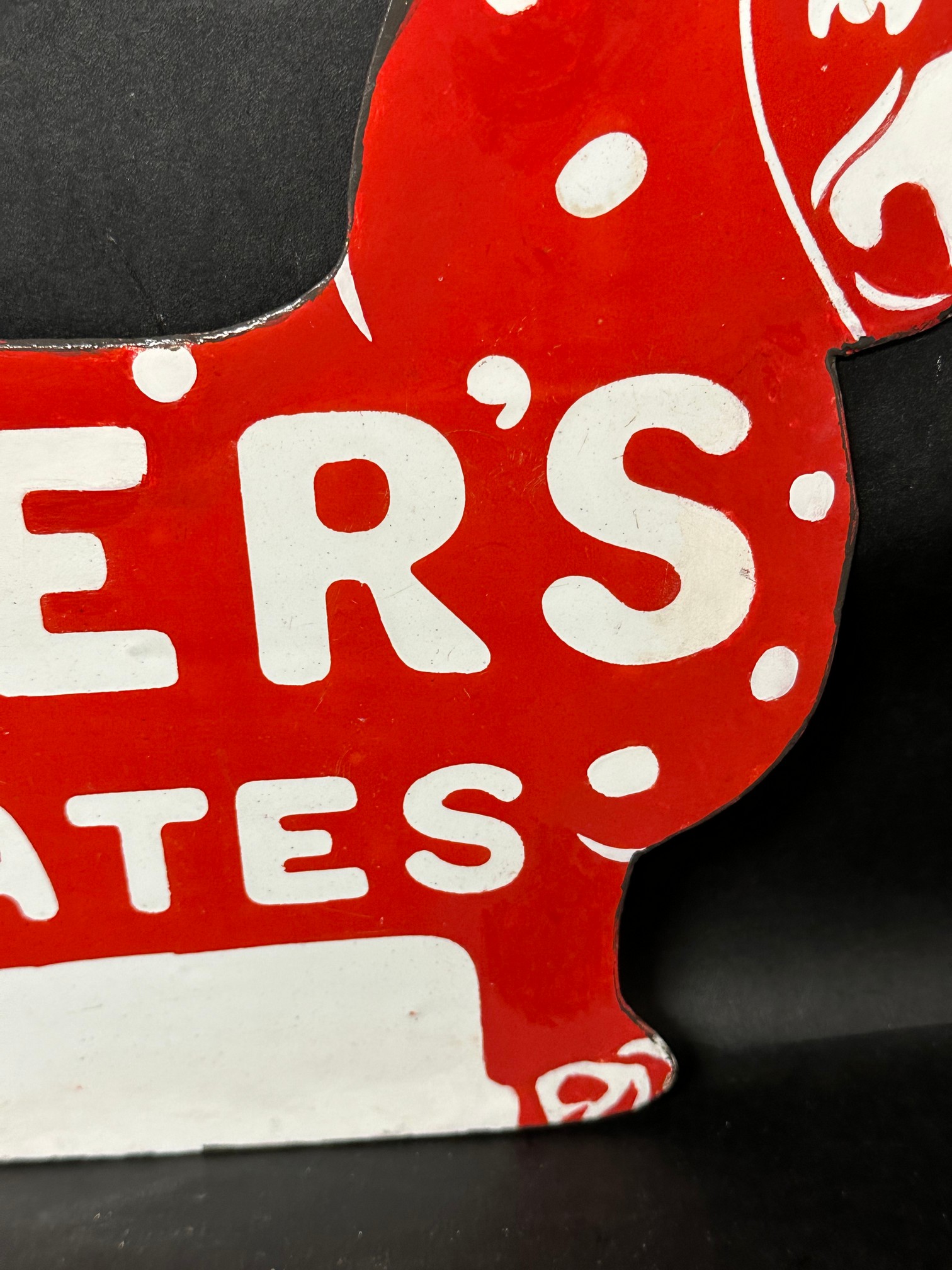 A Packer's Chocolates die cut double sided enamel advertising sign in the form of a dog, with - Image 5 of 13