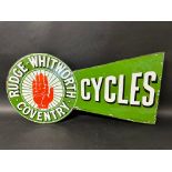 A Rudge-Whitworth, Coventry Cycles double sided enamel advertising sign with flange, Reg No. 445365,