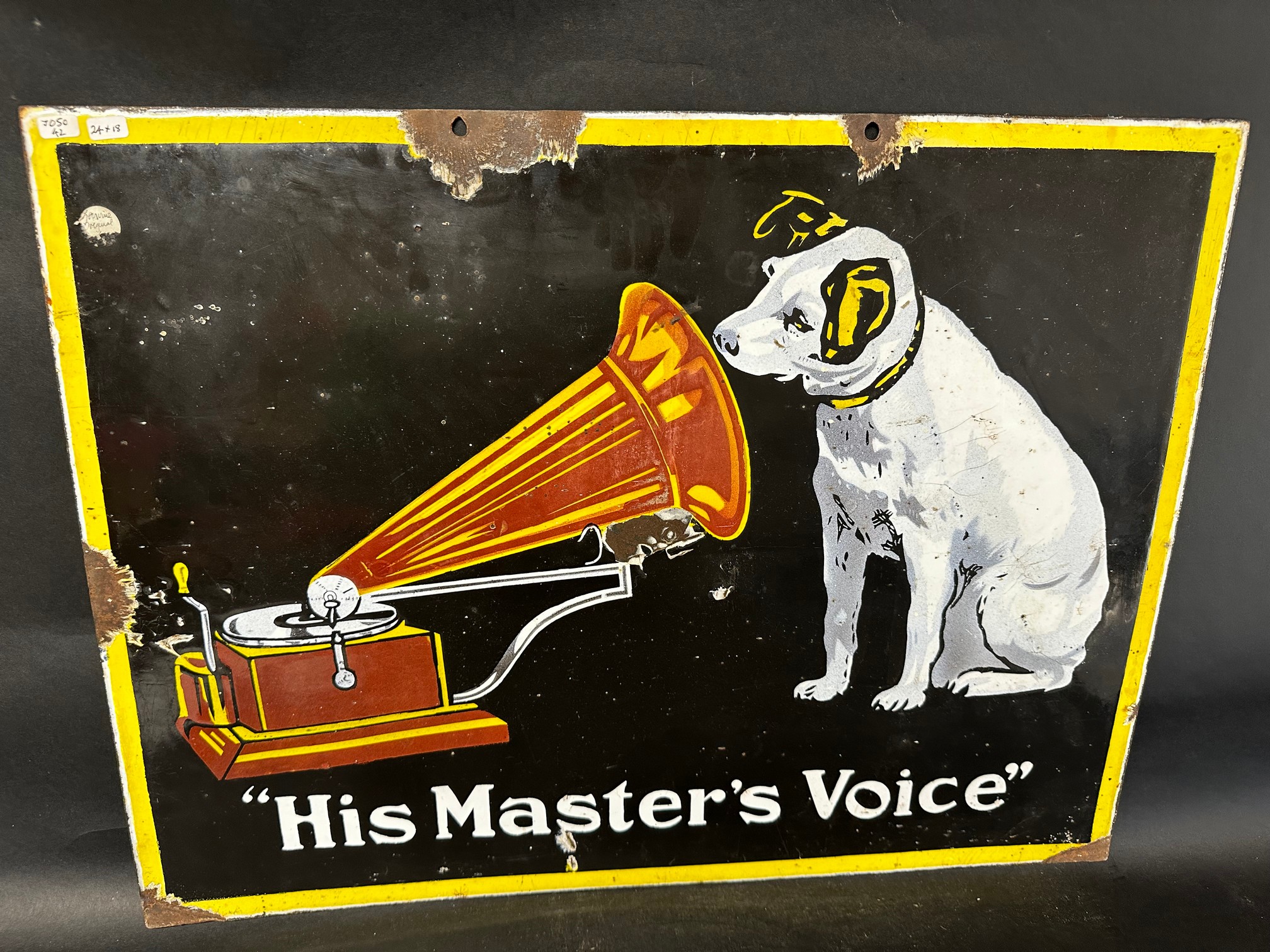 An HMV His Master's Voice double sided enamel advertising sign, 24 x 18". - Image 7 of 11