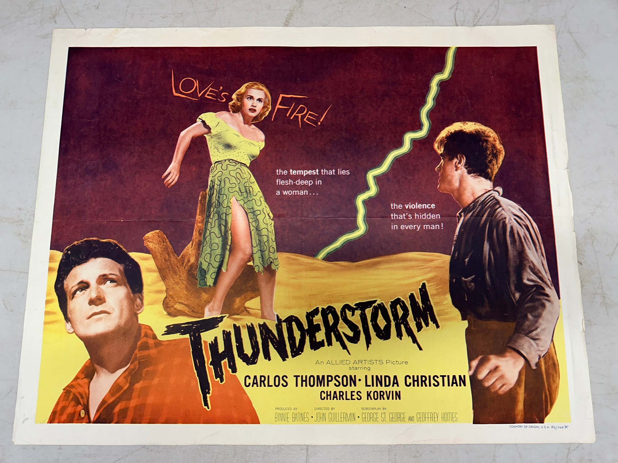 An original 1956 Allied Artists USA film poster for Thunderstorm, produced by Binnie Barnes starring