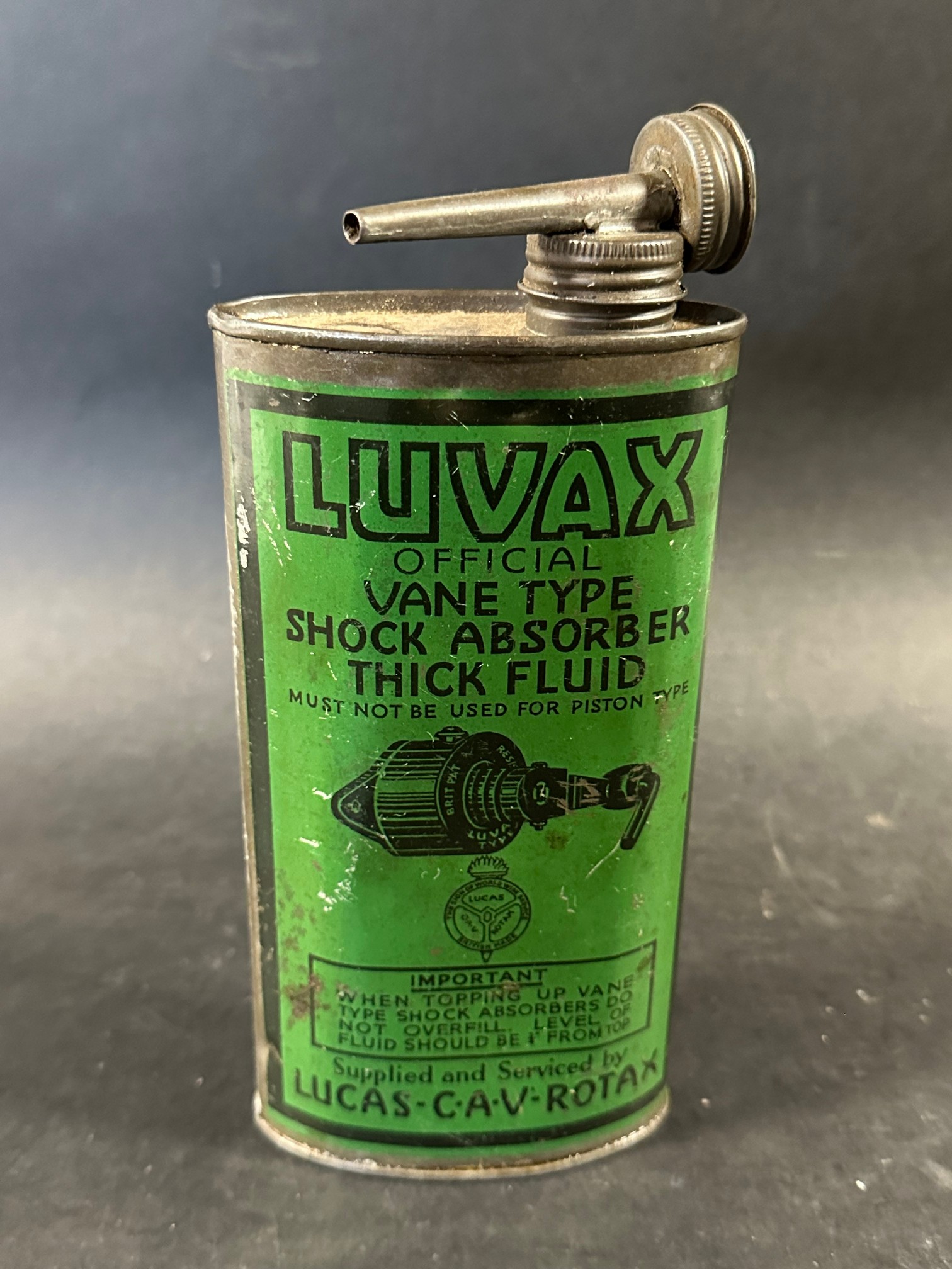 A large Luvax Shock Absorber Fluid oval tin (Luvas C.A.V. Rotax). - Image 2 of 4