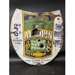 A rare and early Aladdin Liquid Metal Polish pictorial shield-shaped advertising sign, 22 1/2 x 22