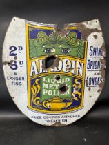 A rare and early Aladdin Liquid Metal Polish pictorial shield-shaped advertising sign, 22 1/2 x 22