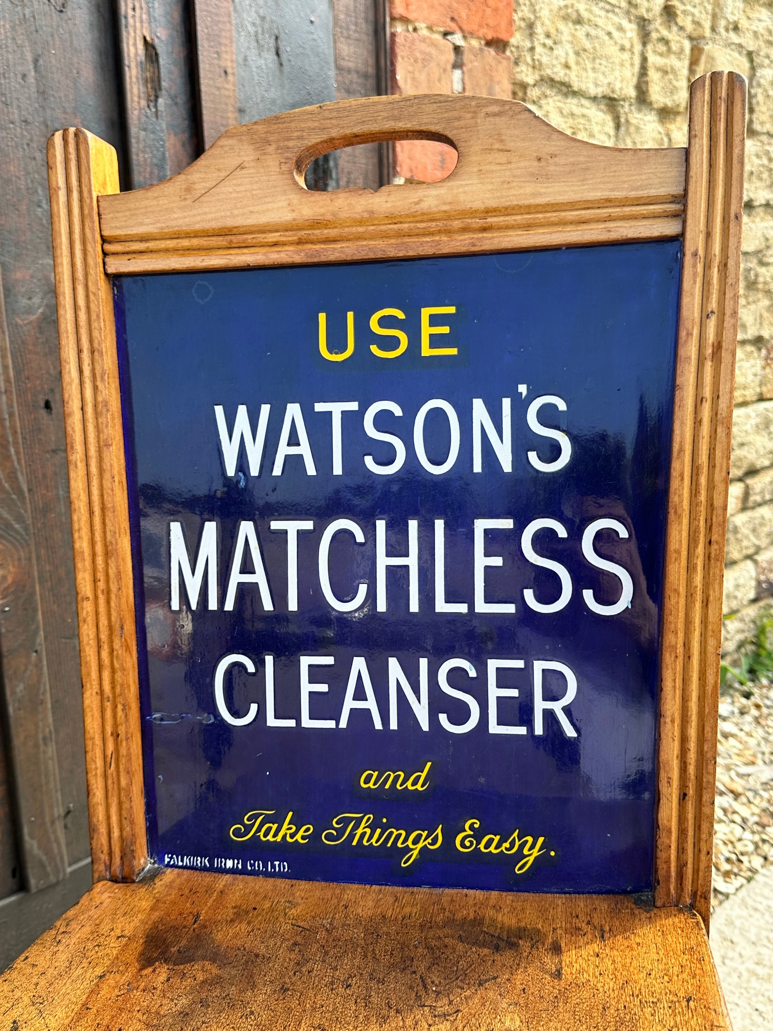 An enamel backed chair advertising Watson's Matchless Cleanser to front and Sparkla Soap to rear, by - Image 3 of 4
