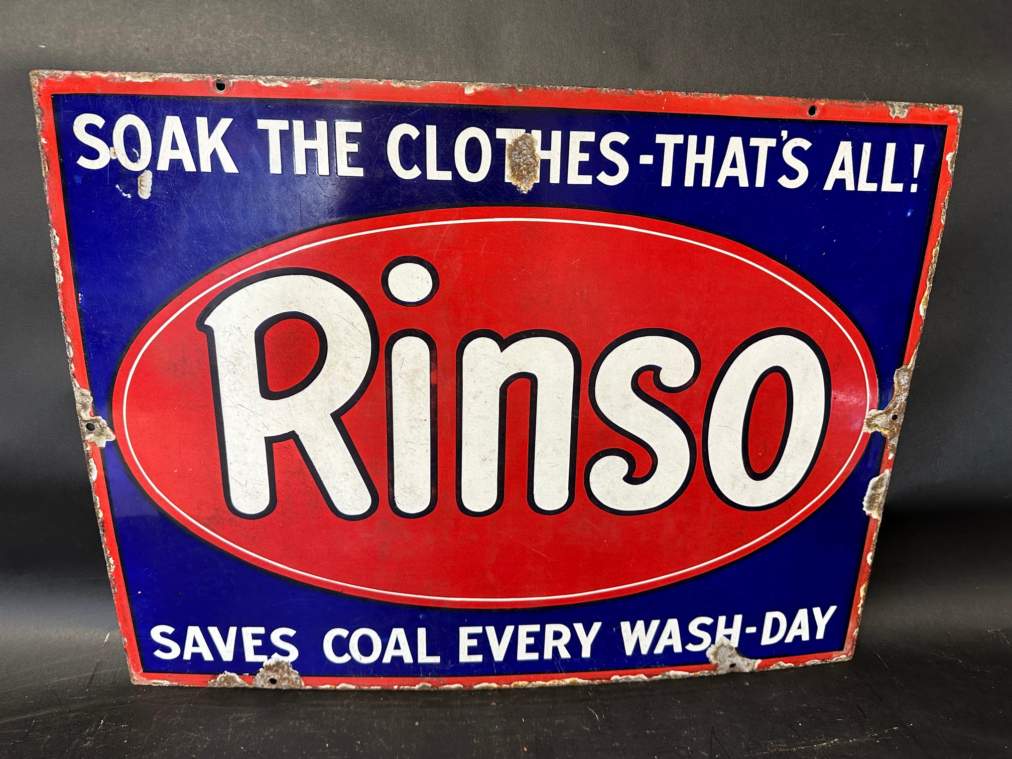 A Rinso 'Soak The Clothes-That's All!, Saves Coal Every Wash-Day' enamel advertising sign, 24 x 18".