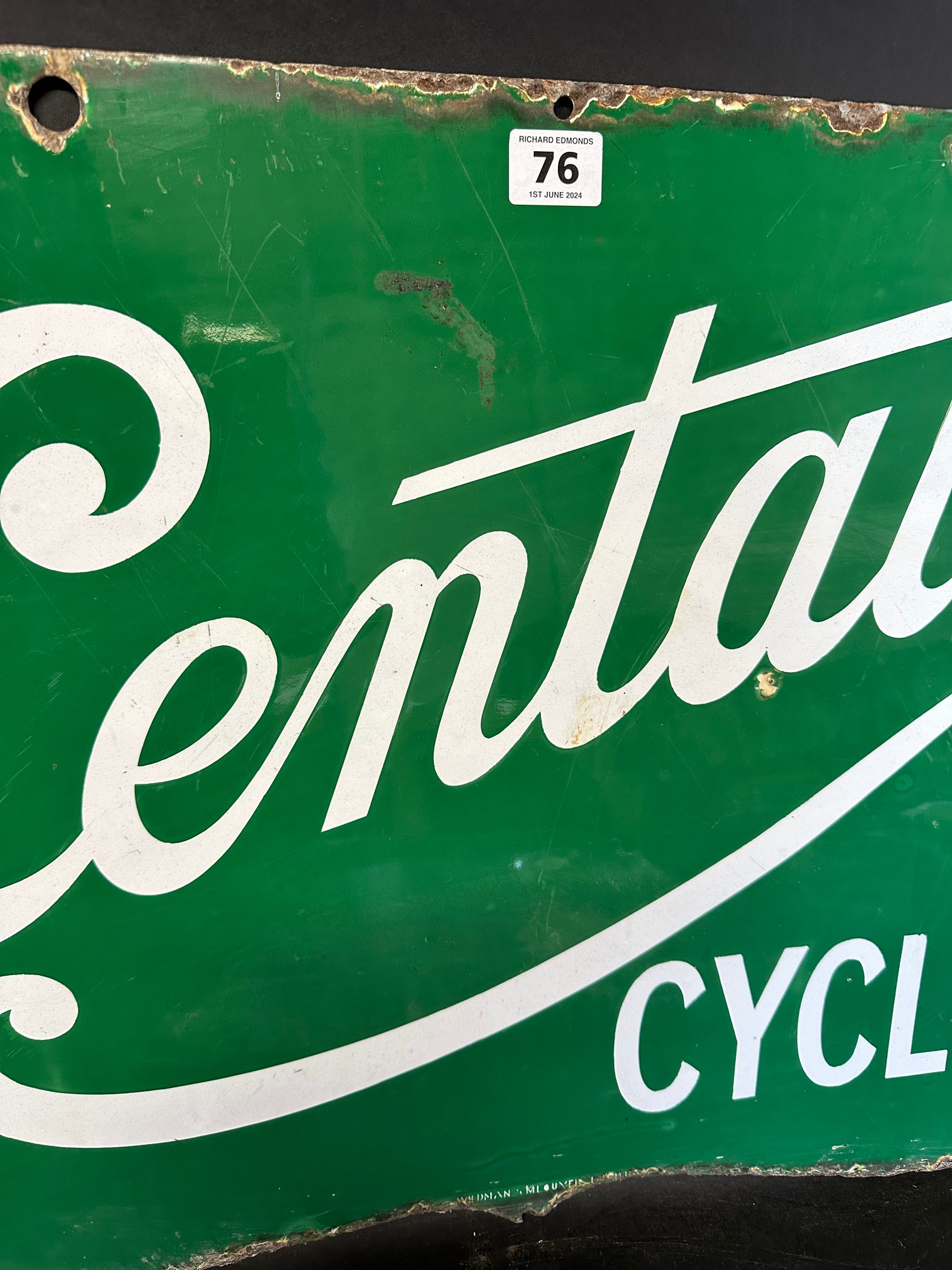 A Centaur Cycles hanging enamel advertising sign by Wildman & Meguyer, 24 x 17 3/4". - Image 4 of 6