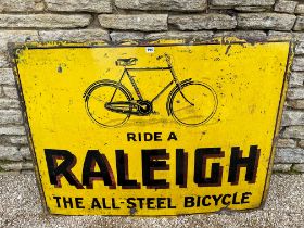 A large Raleigh enamel advertising sign with illustration of bicycle, 'Ride a Raleigh the All-