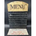 A Cafe Menu sign (metal on wooden frame), 15 x 22" and a Switchboard Room sign, 15 1/4 x 5 1/2".