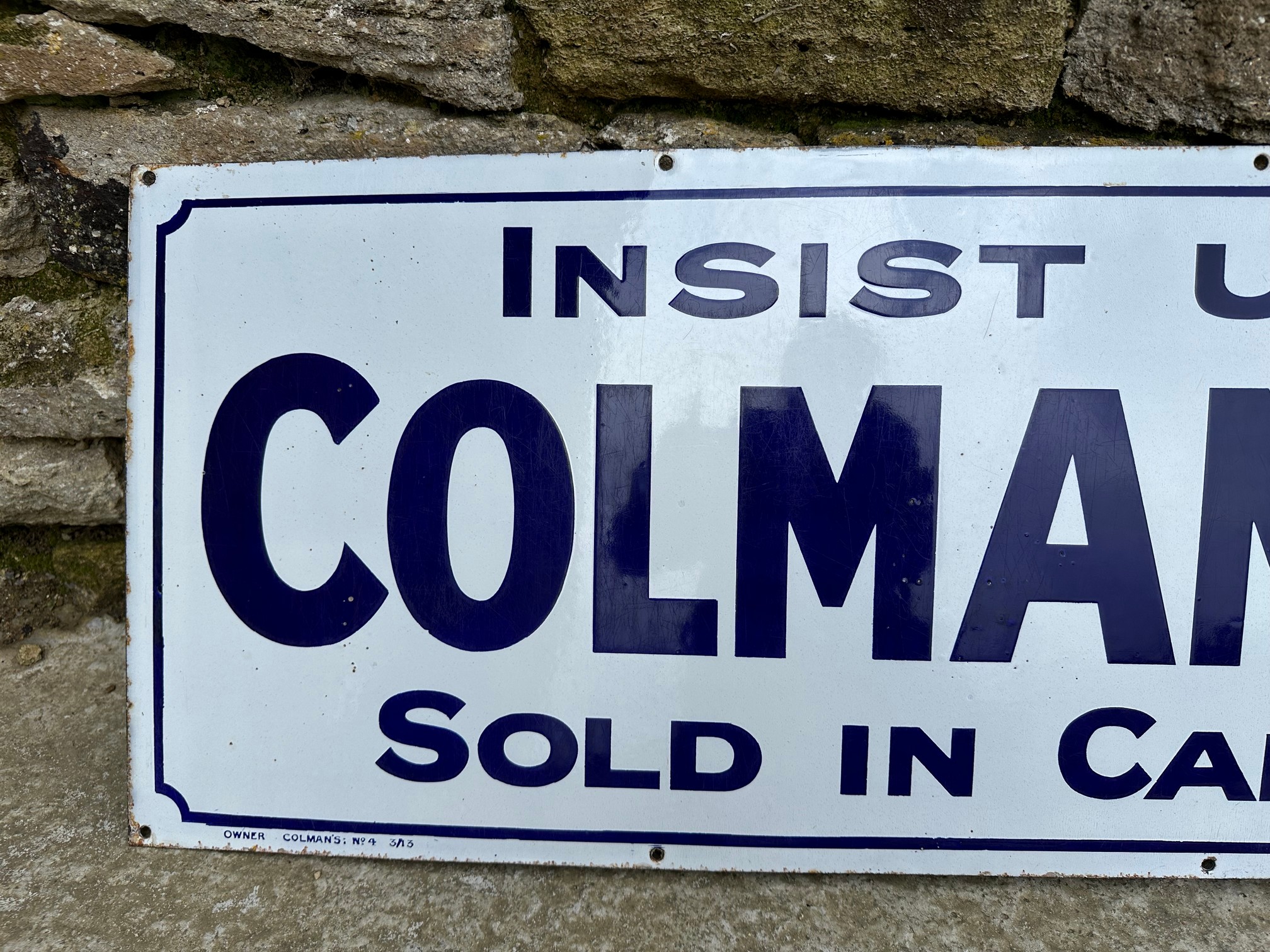 A Colman's Starch 'Sold in cardboard boxes' enamel advertising sign by Patent Enamel Co. Ltd. 62 1/2 - Image 3 of 5