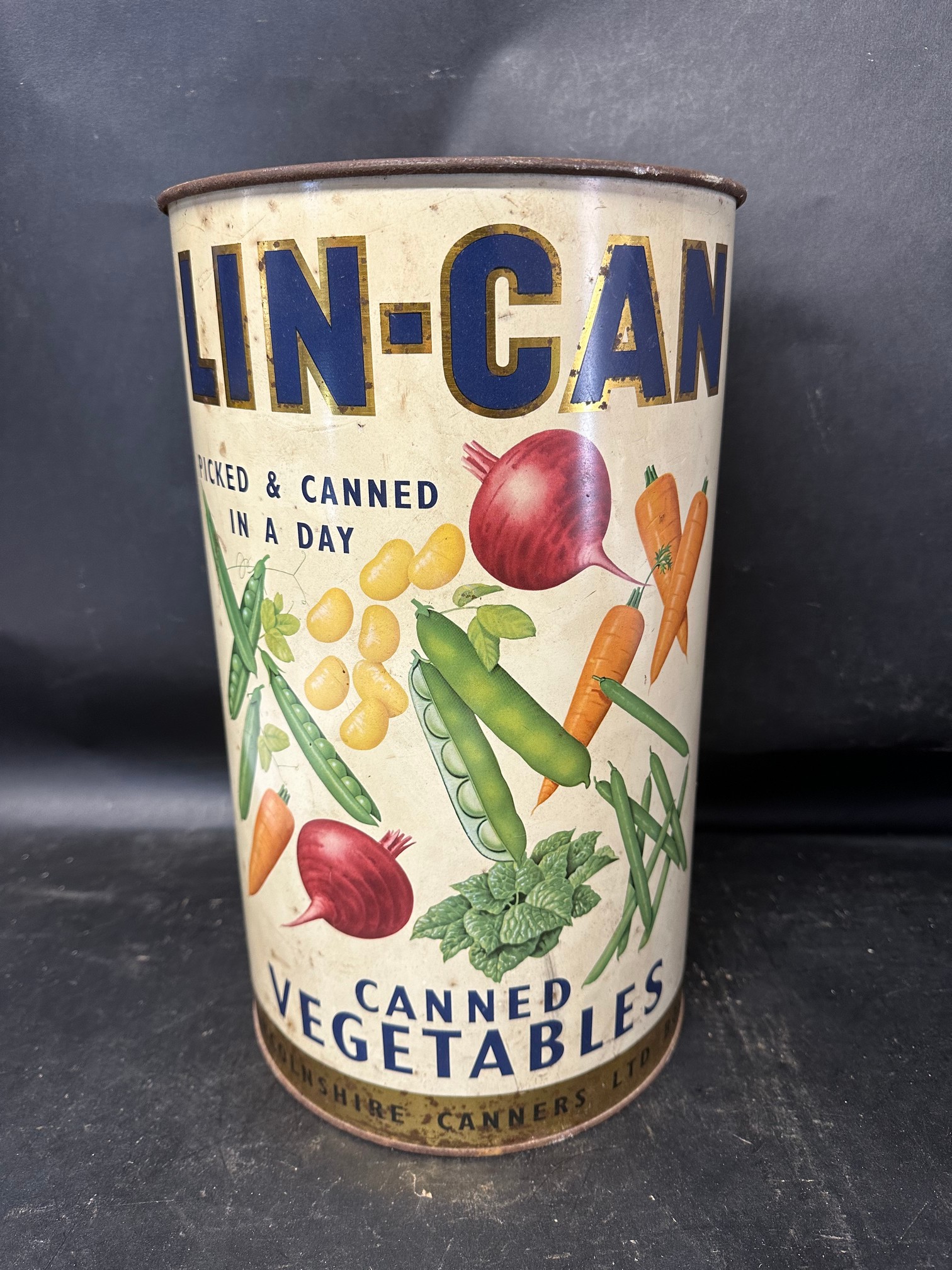 A large Lin-Can Canned Fruits & Vegetables advertising display can for Lincolnshire Canners Ltd