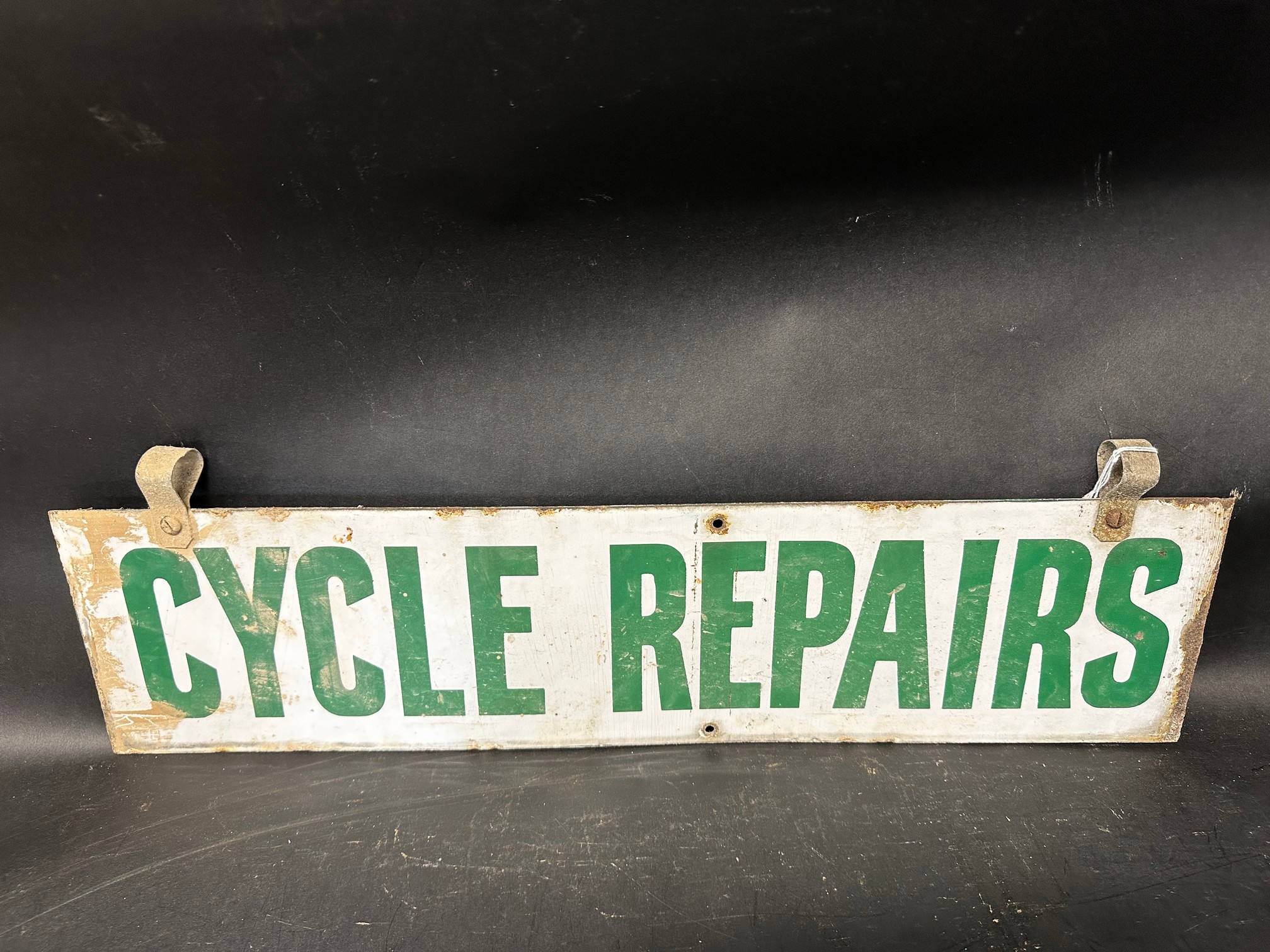A Cycle Repairs hanging enamel advertising sign, 24 1/4" wide, 6" high excluding attachments, 7 1/4" - Image 2 of 2