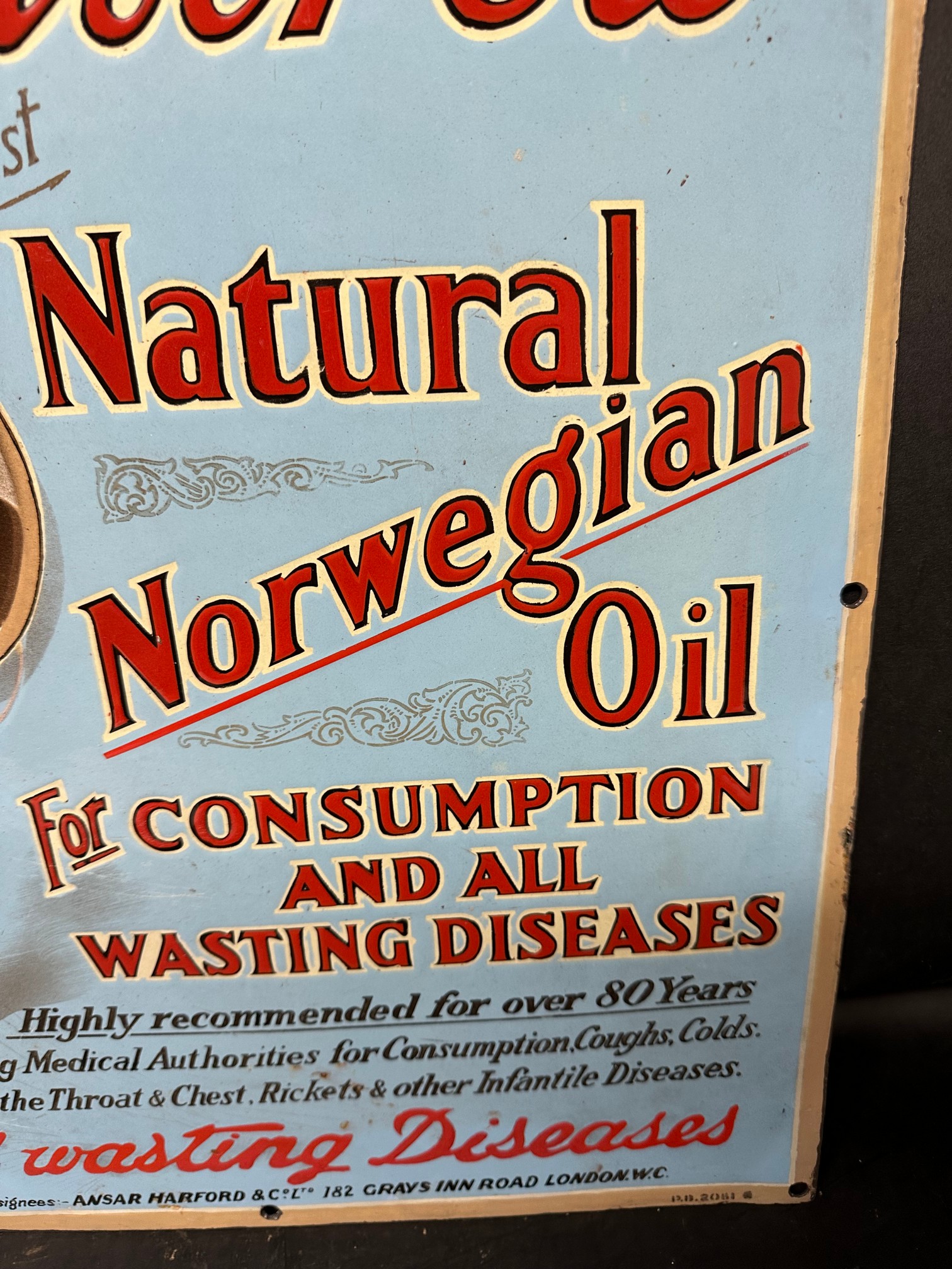 A Dr. De Jongh's Oil for 'all wasting diseases' enamel advertising sign, restored to edges, 15 1/2 x - Image 8 of 8
