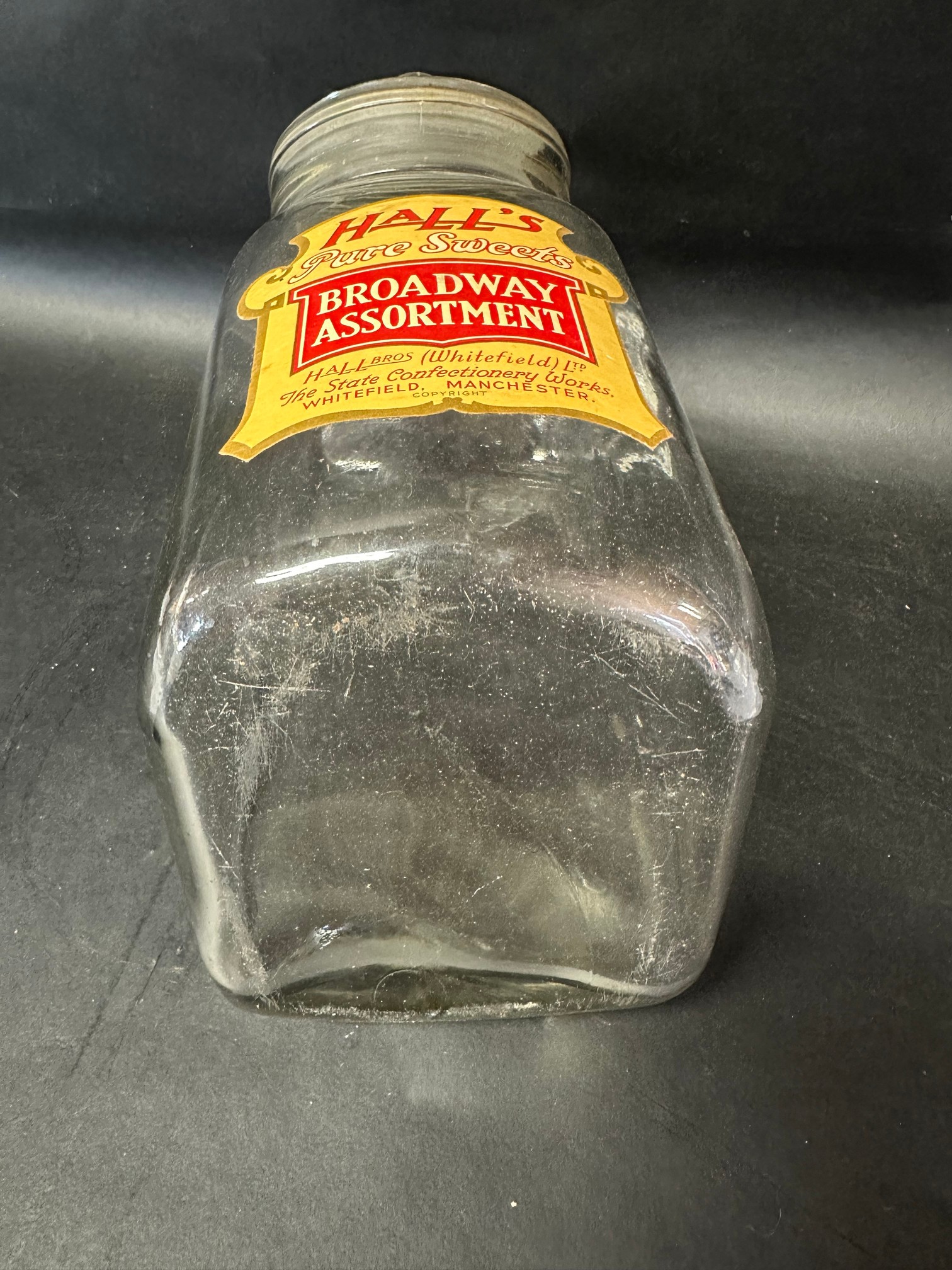 A glass counter top sweetie jar labelled Hall's Broadway Assortment, 13" tall. - Image 6 of 7