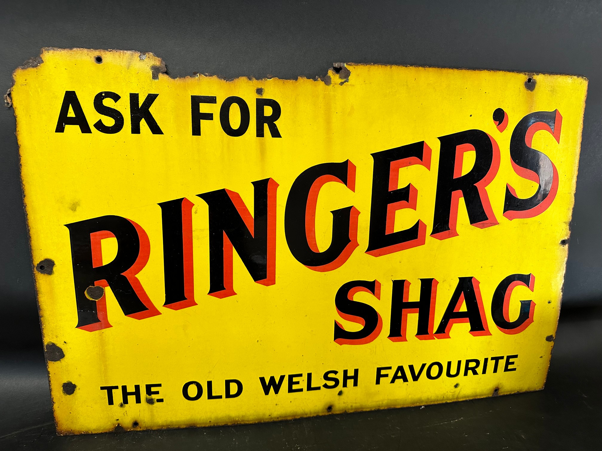 A Ringer's Shag 'The Old Welsh Favourite' enamel advertising sign, 30 x 20".