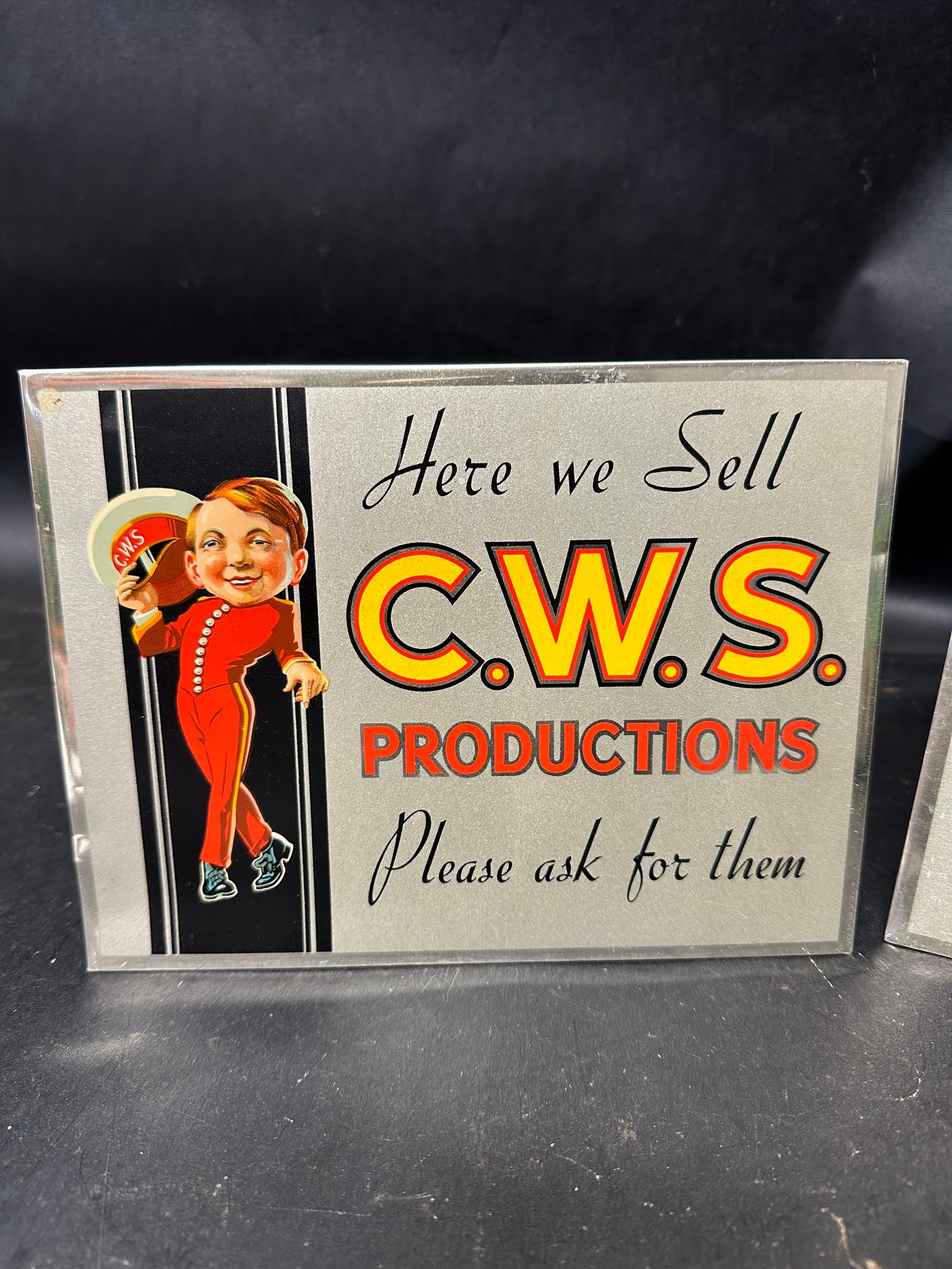 Two 1930s C.W.S. Productions pictorial tin advertising signs, each 8 x 6". - Image 2 of 4