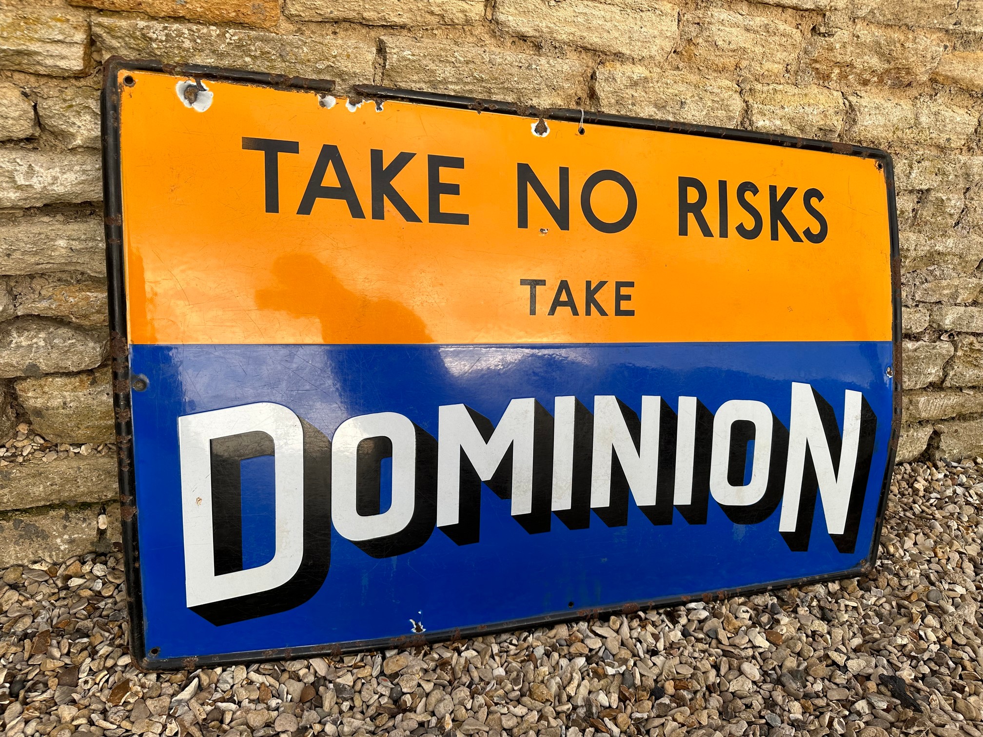 A Dominion "Take No Risks" single sided enamel adverting sign of good colour, 48 x 31". - Image 7 of 8
