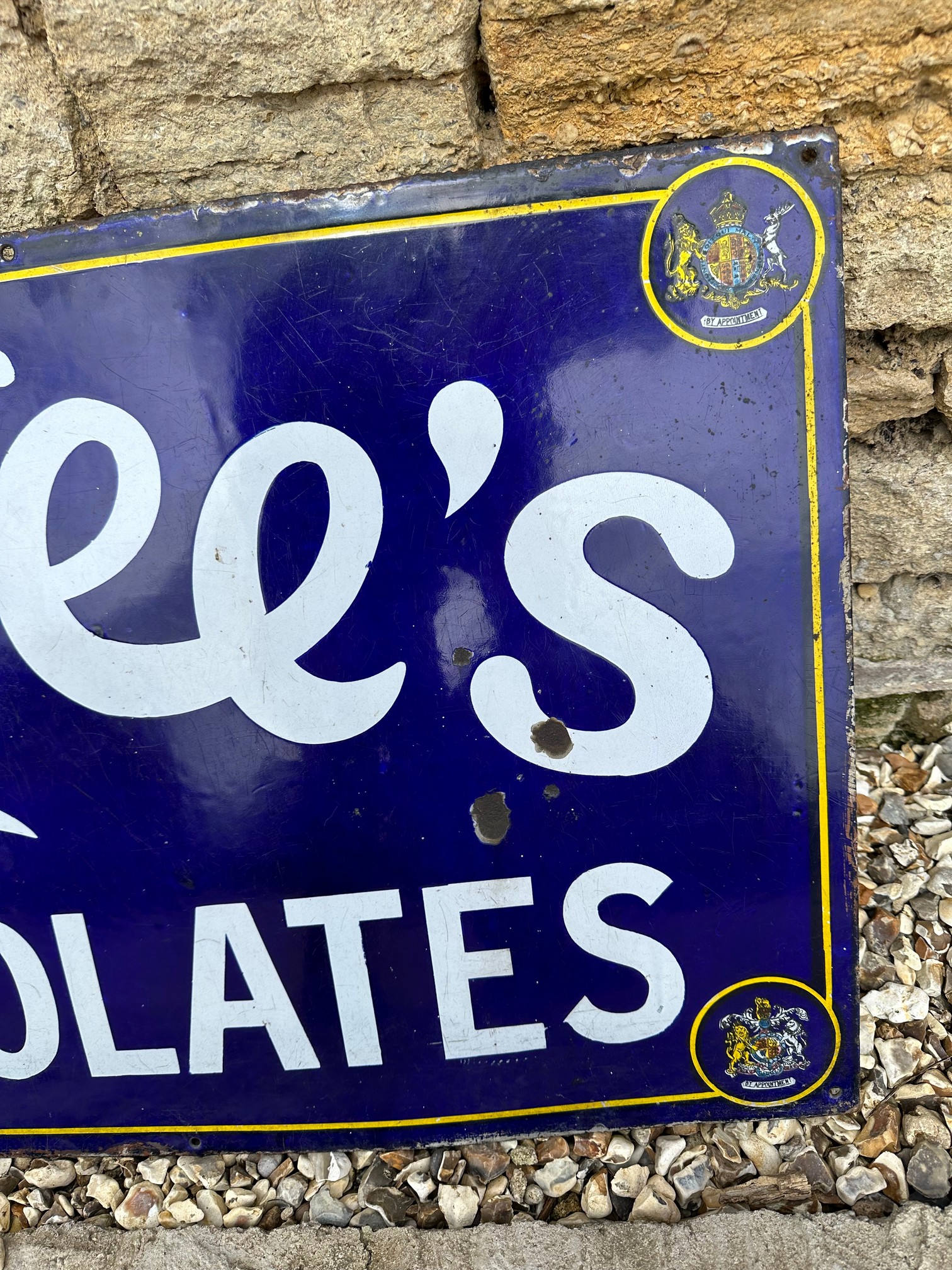 A Rowntree's Chocolates enamel advertising sign with Royal Warrants for "The King and Queen", 60 1/4 - Image 6 of 6