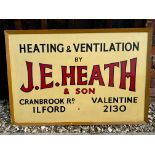 A J.E. Heath & Son Heating and Ventilation of Ilford wooden advertising sign, 38 x 25 3/4".