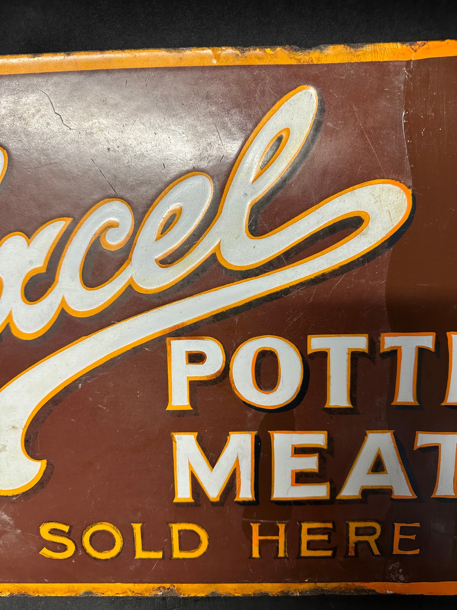 An Excel Potted Meats 'Sold Here' double sided enamel advertising sign with hanging flange, - Image 3 of 8