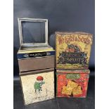 Four shop counter top dispensing tins: Wright & Son's Bovril Biscuits, C.W.S. Biscuits, W & R