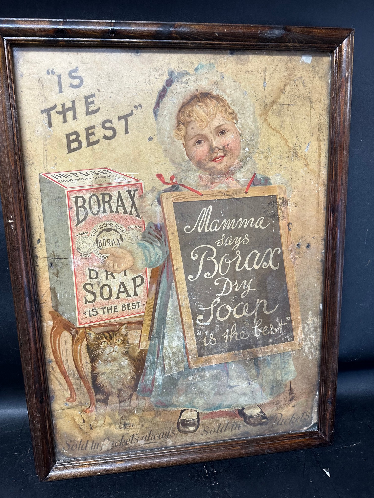 A double sided Borax Dry Soap pictorial showcard, fantastically framed to display both sides, 19 1/4