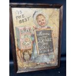A double sided Borax Dry Soap pictorial showcard, fantastically framed to display both sides, 19 1/4