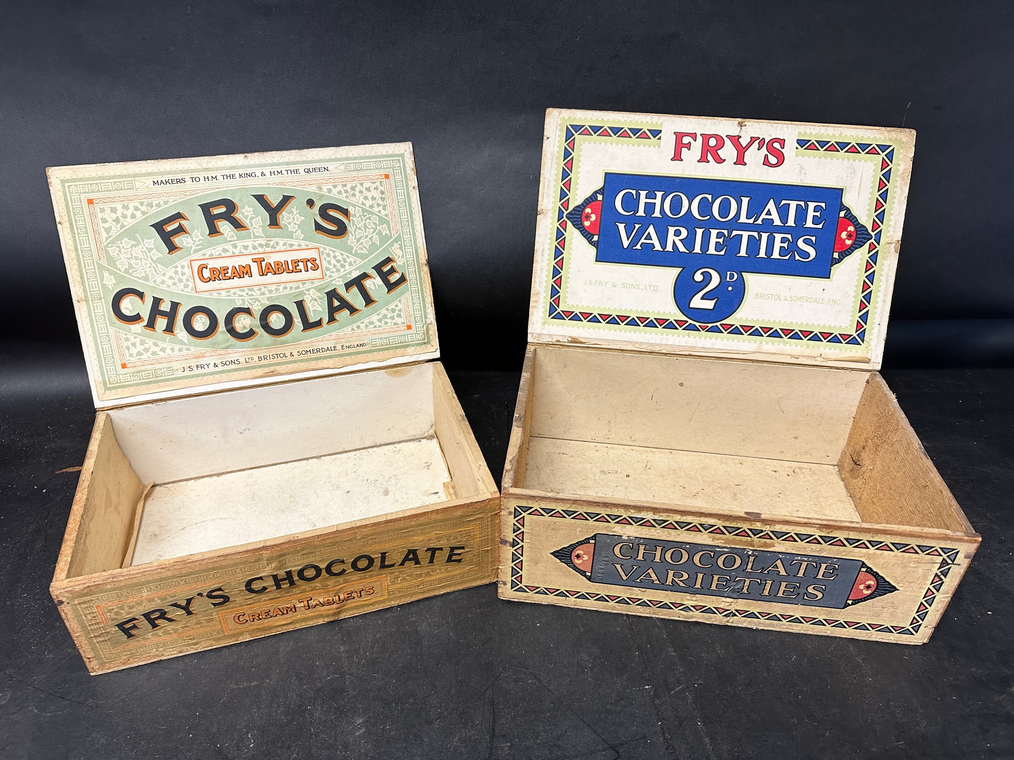 Two Fry's Chocolate of Bristol and Somerdale wooden counter top dispensing boxes 'Chocolate