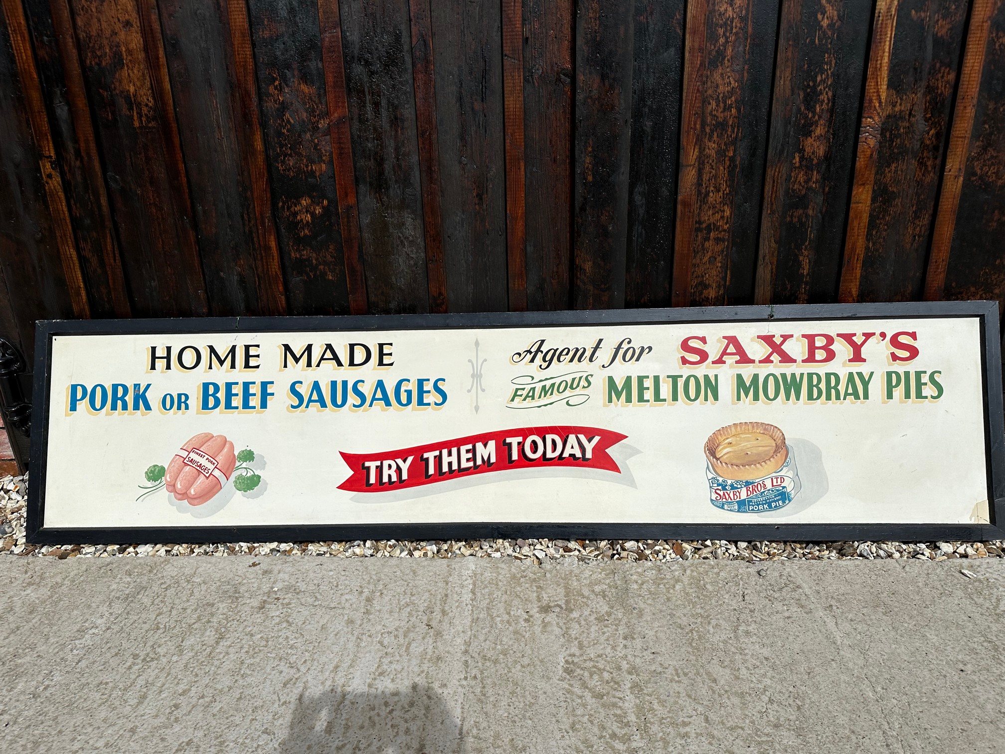 A painted pictorial agent's sign for Saxby Bros. Ltd. sausages and Melton Mowbray pies, 79 1/2 x