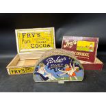 Two Fry's wooden counter top dispensing boxes: Fry's Pure Cocoa and Fry's Nut-Milk Chocolate and a