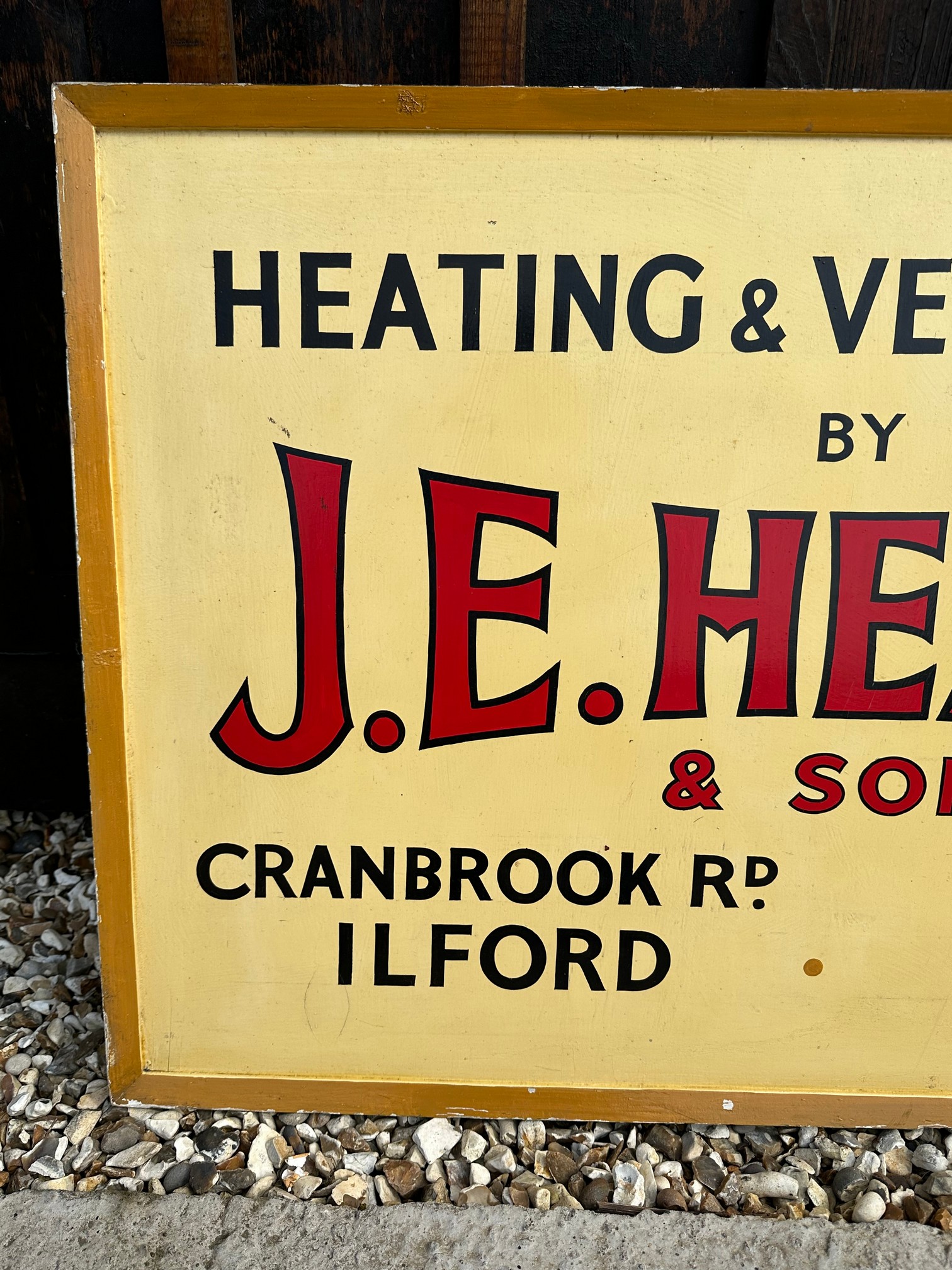 A J.E. Heath & Son Heating and Ventilation of Ilford wooden advertising sign, 38 x 25 3/4". - Bild 2 aus 4