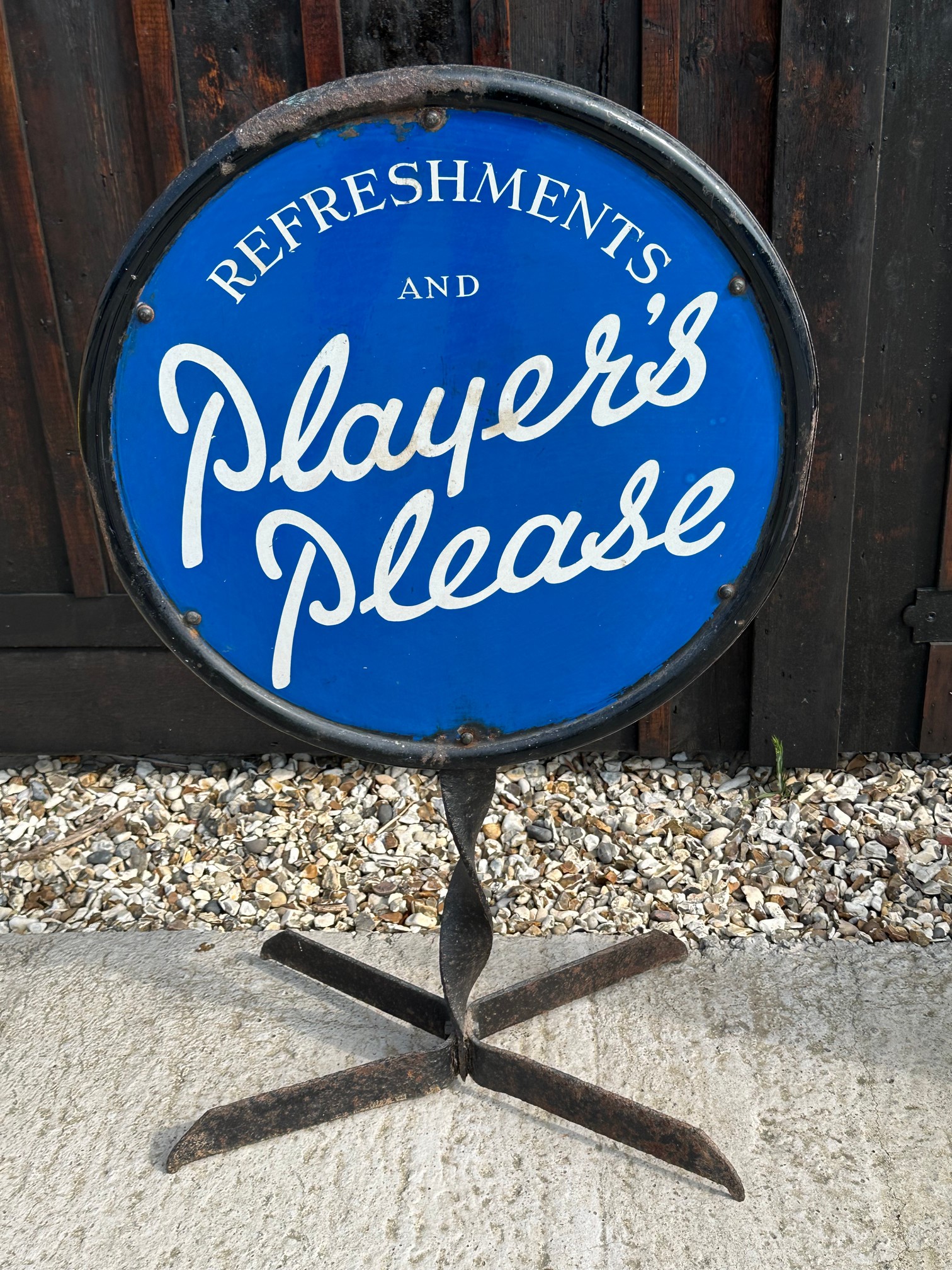 A double sided Player's Please (Cigarettes) Refreshments enamel advertising stand, 23 1/4 x 38".