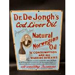 A Dr. De Jongh's Oil for 'all wasting diseases' enamel advertising sign, restored to edges, 15 1/2 x