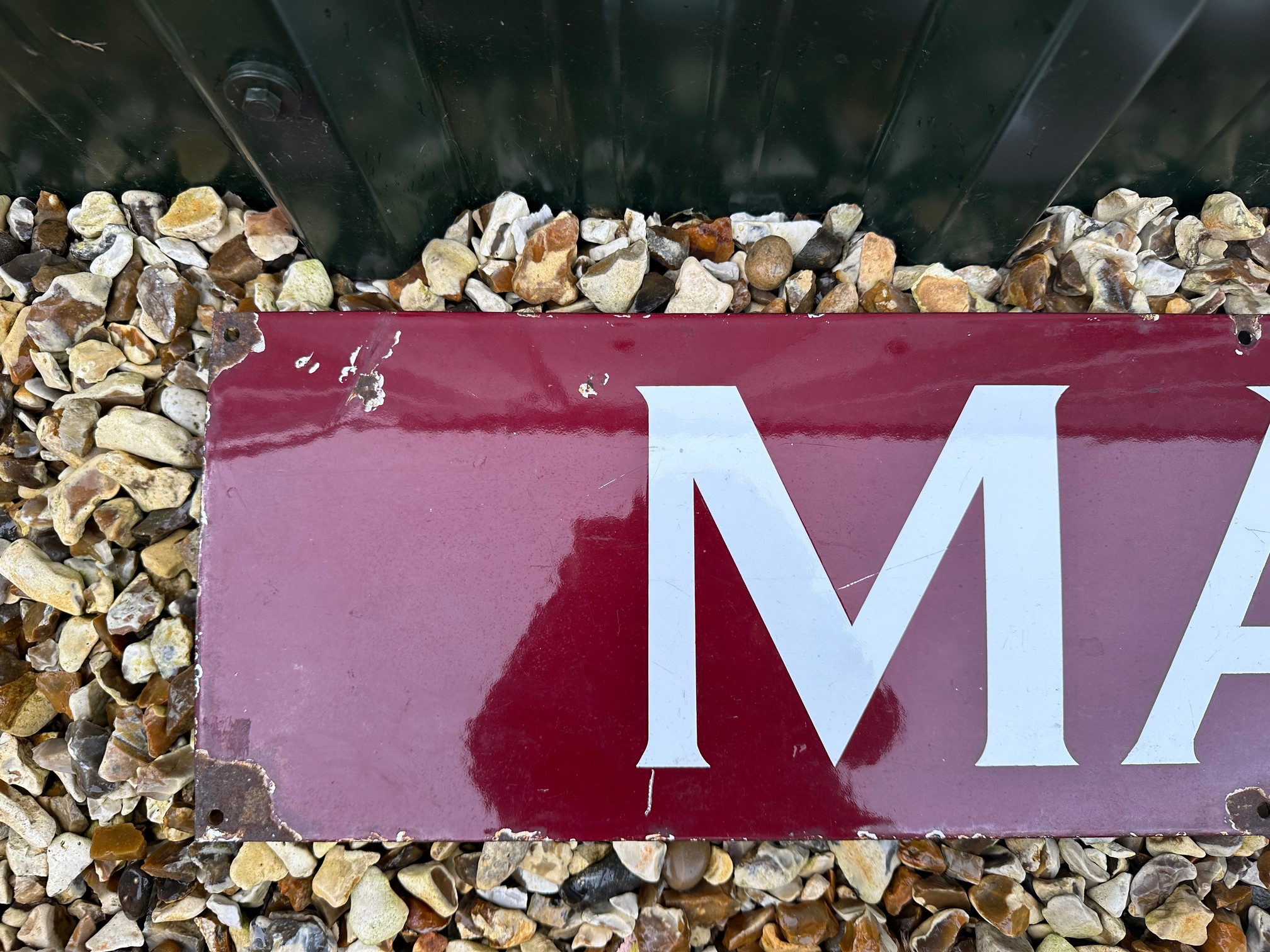 A Maiden enamel railway sign, 48 x 8". - Bild 3 aus 5
