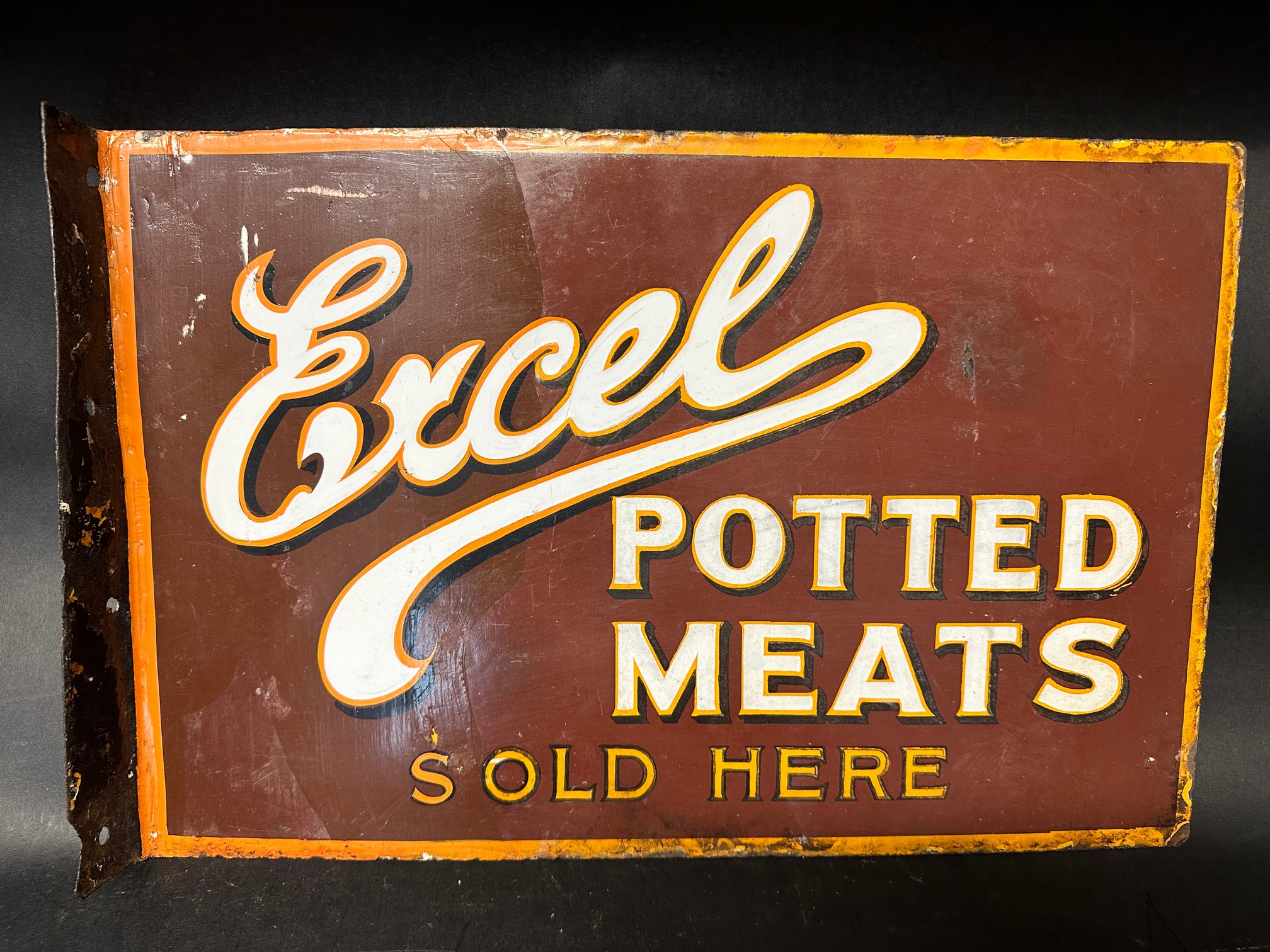 An Excel Potted Meats 'Sold Here' double sided enamel advertising sign with hanging flange, - Image 5 of 8