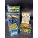 Four Smith's Potato Crisps tins and a Sifta Table Salt Sifta Sam 'Jolly Good Salt' tin (5).