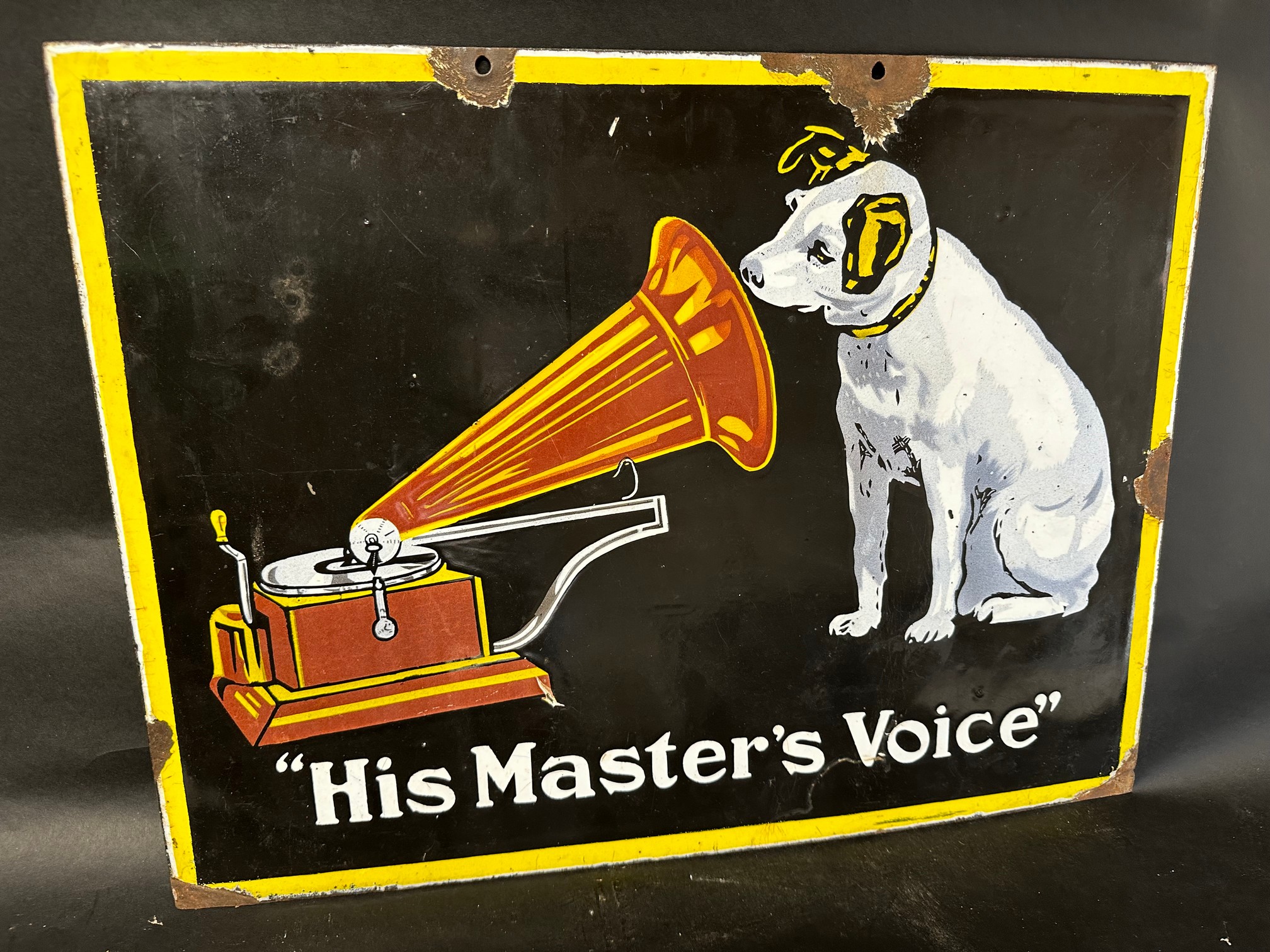 An HMV His Master's Voice double sided enamel advertising sign, 24 x 18".