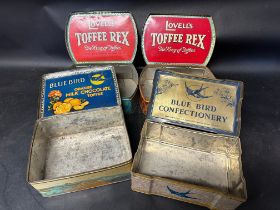 Four large toffee tins: two for Lovell's Toffee Rex of Newport & Manchester, Bluebird orange milk