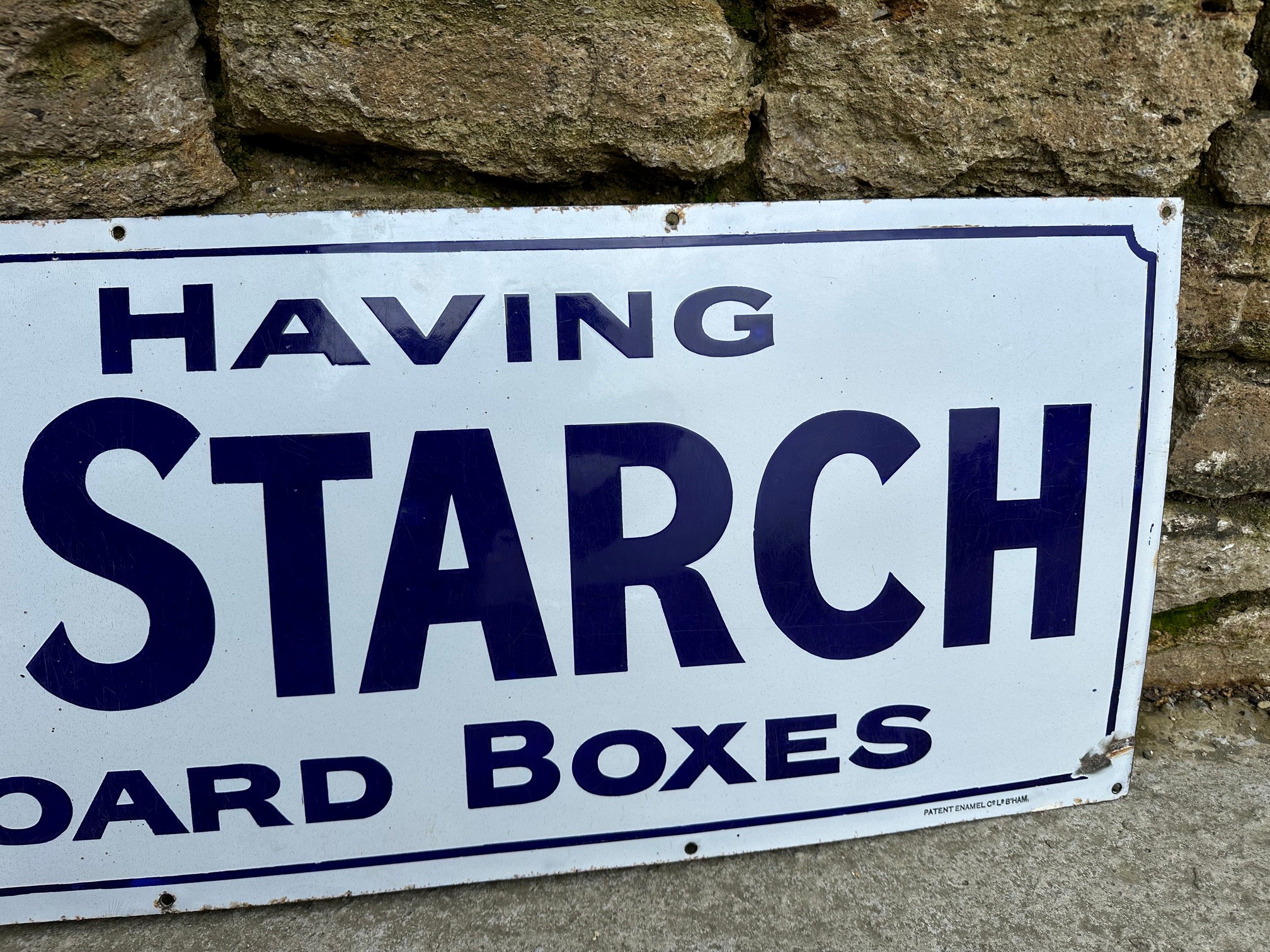 A Colman's Starch 'Sold in cardboard boxes' enamel advertising sign by Patent Enamel Co. Ltd. 62 1/2 - Image 5 of 5