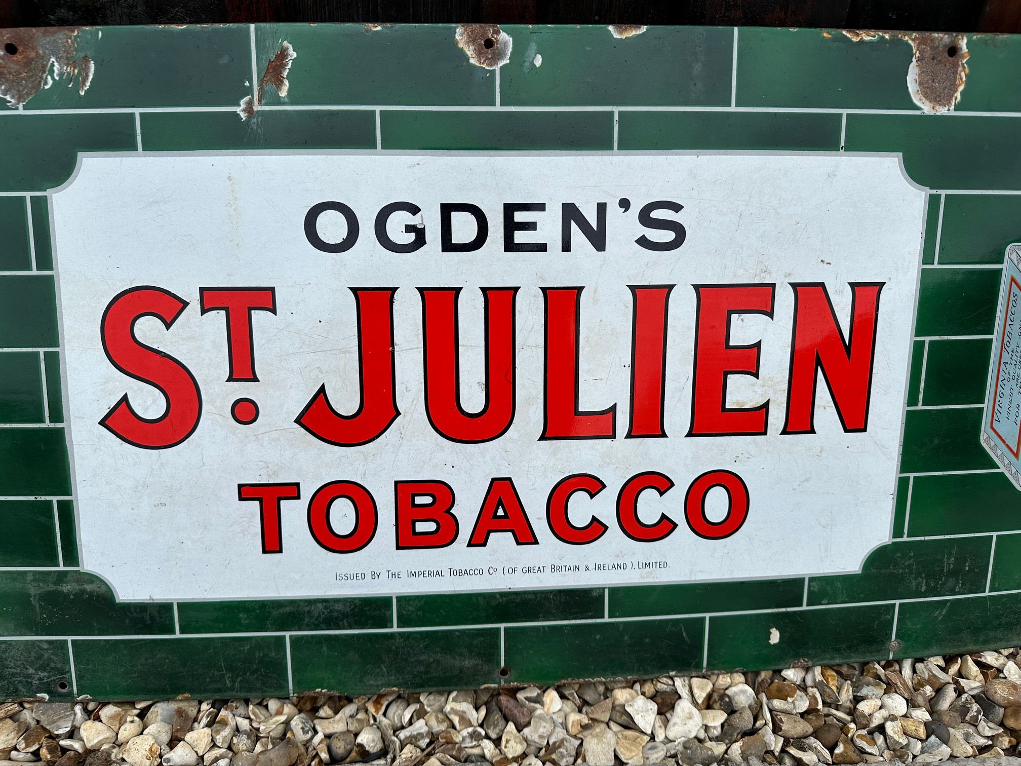 An Ogden's St. Julien Tobacco enamel advertising sign by Imperial Tobacco Co., 60 1/4 x 18". - Bild 4 aus 5