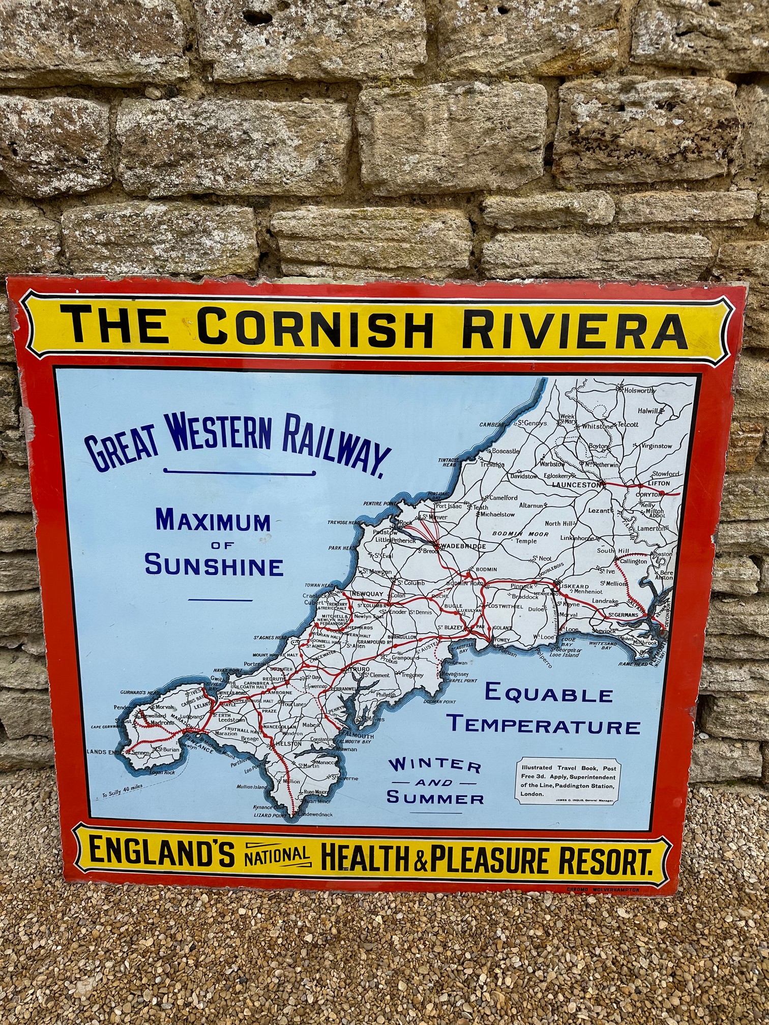 A large Great Western Railway "Cornish Riviera" enamel advertising sign, 43 x 41".