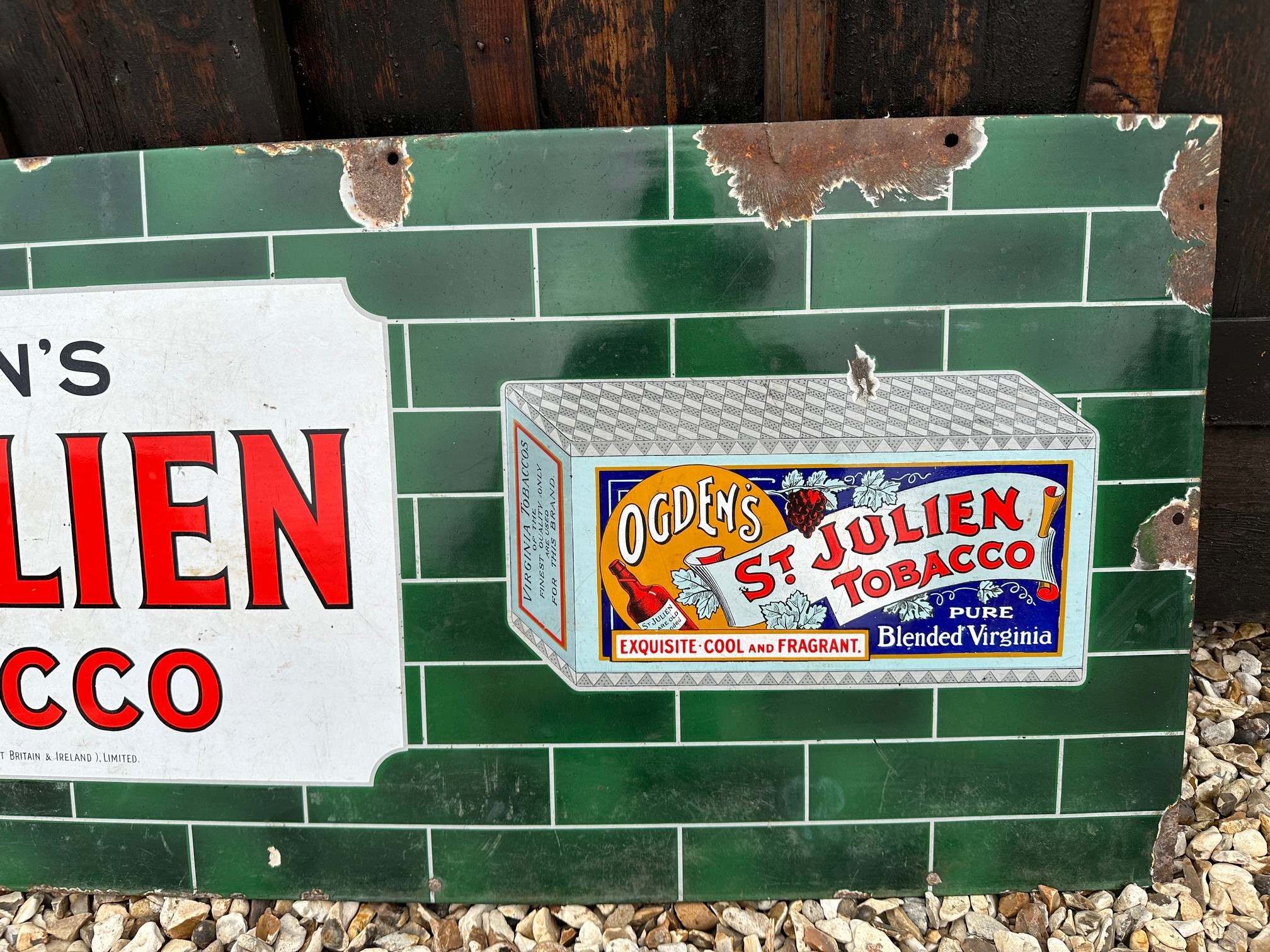 An Ogden's St. Julien Tobacco enamel advertising sign by Imperial Tobacco Co., 60 1/4 x 18". - Bild 5 aus 5