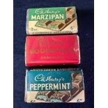 Three Cadbury's dummy chocolate bars: Bournville, Peppermint and Marzipan.