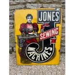 An early Jones' Sewing Machines tin advertising sign with raised lettering, 24 x 29 3/4".