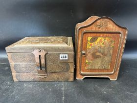 A biscuit tin with integral shelf and Arts and Crafts designs to front and a C.W.S Crumpsall